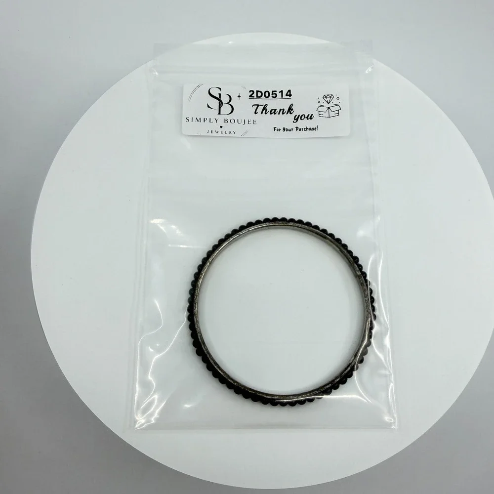 Y2K Black Bead Bangle Bracelet Slim Silver Tone Stackable Minimalist Jewelry